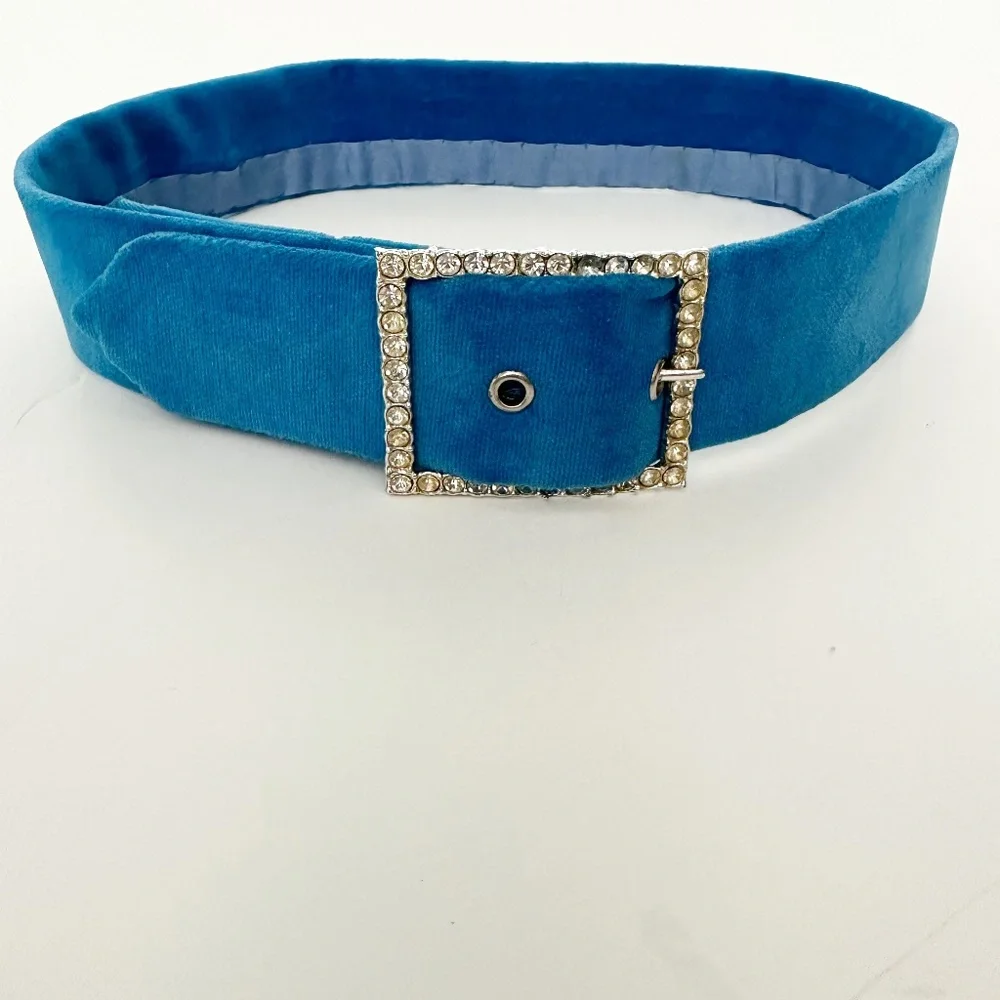 vintage kids handmade BELT blue velvet & rhinestones size unknown length: 27